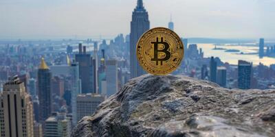 A golden Bitcoin displayed against a city skyline, showing the significance of cryptocurrency in the modern world photo