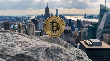 Bitcoin representation with the New York City skyline backdrop, symbolizing cryptocurrency prominence. photo