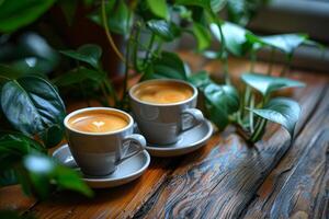 A pair of espresso cups with heart-shaped latte art, nestled amidst green plants on a rustic wooden table. photo