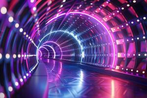 A vibrant futuristic tunnel illuminated by vivid neon lights, with reflections creating an immersive glow. photo