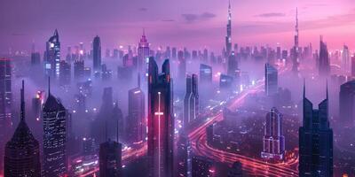 A stunning aerial view of a futuristic city skyline at twilight, illuminated by vibrant neon lights. photo