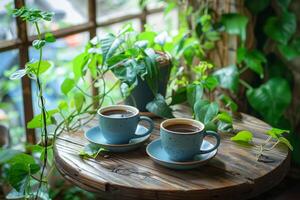 There are two cups of coffee resting on a wooden table, surrounded by lush green plants, positioned near a window photo