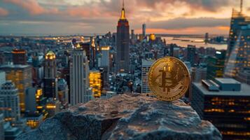 A Bitcoin cryptocurrency coin is placed on a rock with the New York City skyline and sunset in the background photo