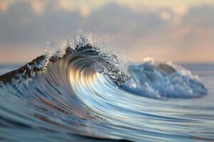 A mesmerizing wave illuminated by the soft light of sunset in the open ocean creates a scene of beauty and tranquility photo