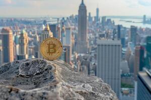 Golden Bitcoin coin displayed against the backdrop of the New York City skyline in the morning light. photo