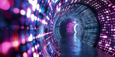 A vibrant, neonlit tunnel with colorful lights, creating a futuristic digital environment with a dynamic atmosphere photo