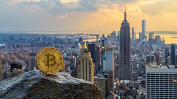 Bitcoin cryptocurrency coin placed over a rock with New York City skyline in the background at sunset. photo