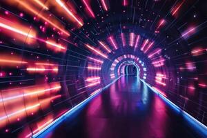 A mesmerizing tunnel illuminated with neon lights in vibrant hues, showcasing stunning reflections and modern design. photo