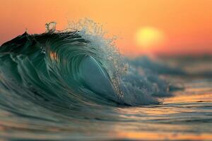 A beautiful scene of a vibrant ocean wave forming at sunset, with colorful skies, captured in a stunning image photo