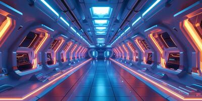 Futuristic spaceship corridor, advanced technology and modern design elements create an innovative environment photo