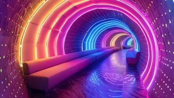 Vibrant neon-lit tunnel with colorful LED lights and modern seating, creating a futuristic atmosphere. photo