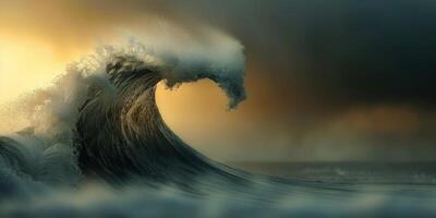 A captivating ocean wave, in the evening light, surrounded by storm clouds, creates a dramatic and powerful scene photo