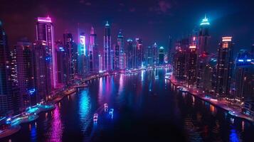 A stunning view of a futuristic city skyline lit by vibrant neon lights at night, creating a captivating atmosphere photo