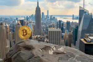 Visual representation of Bitcoin cryptocurrency over New York City skyline, symbolizing finance and technology. photo