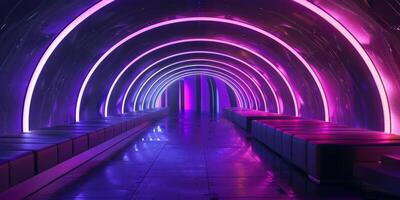 A mesmerizing neon tunnel with curved architecture illuminated by vibrant LED lighting in purple and pink hues. photo