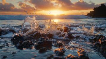 un dinámica puesta de sol escena muestra olas estrellarse en contra rocas en el orilla, capturar el poder de naturalezas elementos foto