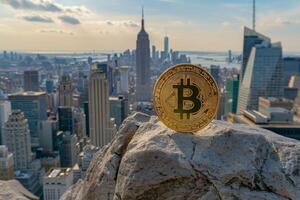 A striking image of Gold Bitcoin against the backdrop of NYC skyline underscores its role in urban finance photo