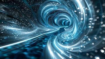 Swirling digital tunnel depicting a hyperspace journey through a futuristic vortex in sci-fi setting. photo