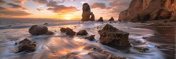 experiencia un asombroso puesta de sol en un escabroso costa con sereno olas y maravilloso puntos de vista debajo el noche cielo foto