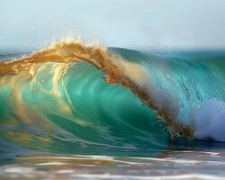 Beautiful turquoise wave crashing with sunlight glowing at golden hour, creating a stunning ocean scene. photo