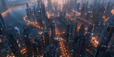 A stunning aerial view of a vibrant city skyline beautifully lit at dusk, creating an enchanting scene photo