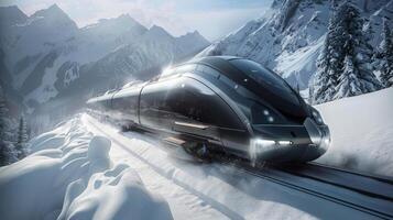 Highspeed train moves through snowcovered mountains on a sunny winter day, blending technology with scenic landscape photo