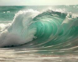 The ocean waves crashing on the shore showcase natures beauty and power, displaying the seas dynamic energy photo