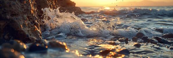 atardecer, estrellarse Oceano olas en contra rocoso apuntalar dramático, sereno costero escena pintoresco, tranquilo ajuste foto