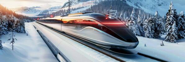 A sleek high-speed train zooms through snow-covered mountains at sunset, capturing power and motion. photo