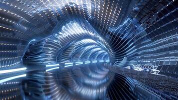 Abstract view of a digital cyberspace tunnel, illuminated with glowing lights and reflecting surfaces. photo