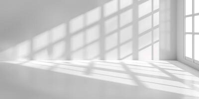 A beautifully serene minimalist room elegantly showcasing the play of natural light and intricate shadow patterns photo
