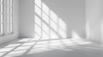 An elegantly bright and minimalist interior space showcasing soft and gentle shadows cast from windows photo