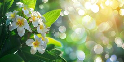 The stunning frangipani flowers are beautifully illuminated by soft, warm sunlight, surrounded by rich, lush green foliage and enhanced by a captivating shimmering bokeh effect in the background photo