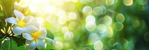 This closeup view captures vibrant frangipani flowers blooming in sunlight, surrounded by lush greenery and enchanting bokeh, creating a magical atmosphere filled with color and life photo