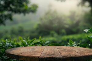 A serene wooden table is beautifully positioned against a dreamy green landscape, ideal for outdoor and nature themes photo