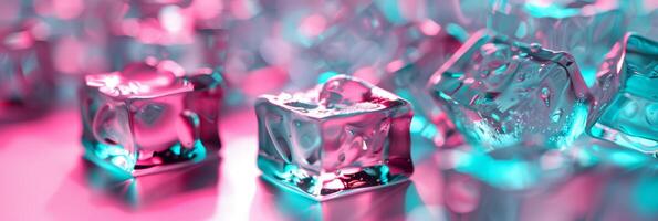 Vibrant and colorful ice cubes illuminated with lively pink and teal lights, creating a captivating visual effect photo