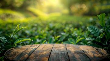 A peaceful and tranquil green landscape, showcasing a rustic wooden table nestled amidst lush, vibrant foliage photo