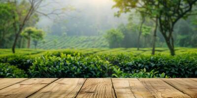 A serene and tranquil view of the lush green tea fields beautifully captured from a charming wooden deck photo