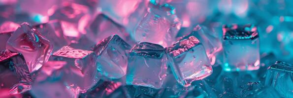 Vibrant and colorful ice cubes illuminated brilliantly by both pink and blue lighting make a stunning visual effect photo