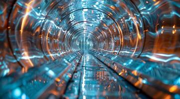 A truly mesmerizing and captivating view of a futuristic tunnel that is illuminated by vibrant blue and orange lights photo