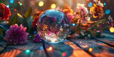 A captivating, vibrant glass bubble, beautifully surrounded by an array of colorful flowers and enchanting bokeh lights photo