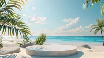A stunning beach setting that features a beautifully designed circular podium, elegantly surrounded by tall palm trees, complemented by a breathtaking ocean view stretching out under a clear blue sky photo