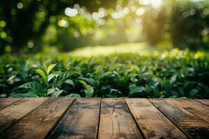 This is a tranquil outdoor scene showcasing lush greenery and a rustic wooden table, ideal for nature themes photo