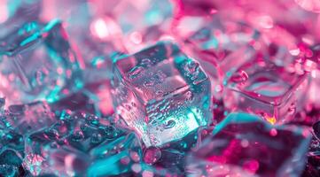 Closeup of vibrant, illuminated ice cubes in pink and blue lighting, creating a stunning texture and effect photo