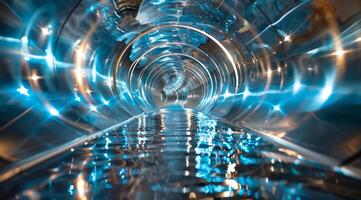 A captivating view of a slick, illuminated water slide tunnel, showcasing shimmering blue reflections. photo