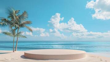 Imagine a serene beach with a magnificent podium overlooking crystalclear waters and soft clouds, ideal for unforgettable events and stunning photoshoots that capture natures beauty photo