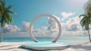 This beautiful beach podium features a stylish circular arch surrounded by vibrant palm trees and bright blue skies, making it ideal for events, celebrations, and memorable photography photo