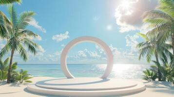 A beautiful podium surrounded by tall palm trees features an elegant arch with ocean views, making it ideal for events and photos. This serene spot is perfect for capturing memories photo