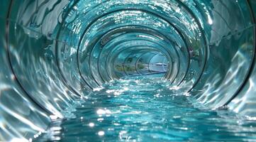 Experience a thrilling and exhilarating perspective of a water slide tunnel filled with sparkling blue water photo
