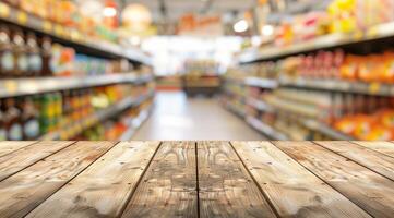 In a blurred grocery aisle filled with various items, a prominent wooden table stands out with neatly stocked shelves photo